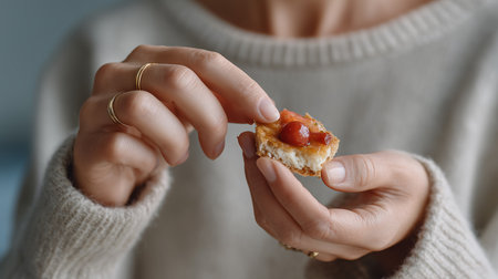 Woman eating tasty tartlet with jam, closeup of female handsの素材