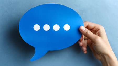 Woman holding speech bubble on color background, closeup. Communication conceptの素材