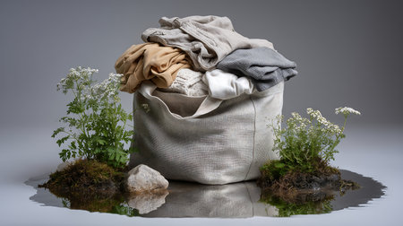 Clothes in a linen bag on a gray background with reflection.の素材