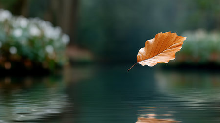 Autumn leaf on the water surface, with bokeh backgroundの素材