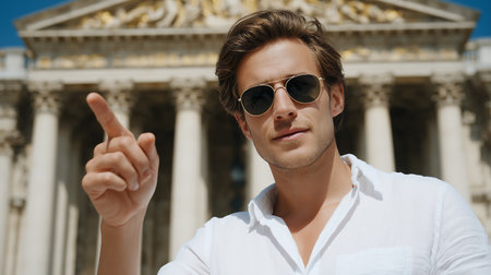 Portrait of a handsome young man in sunglasses and a white shirt. He is pointing to the side.の素材