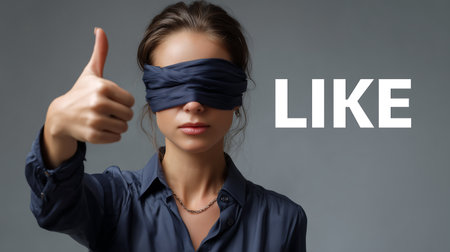 Young woman with blindfold on eyes showing thumbs up. Like conceptの素材