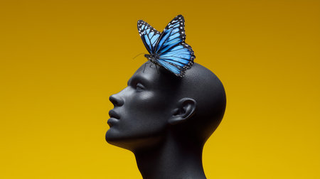 Black mannequin with blue butterfly on his head and yellow backgroundの素材