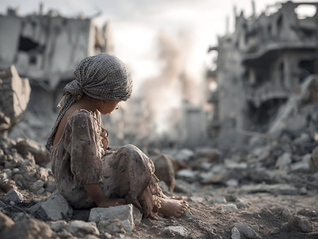 Sad little girl sitting on the ground in front of a destroyed buildingの素材