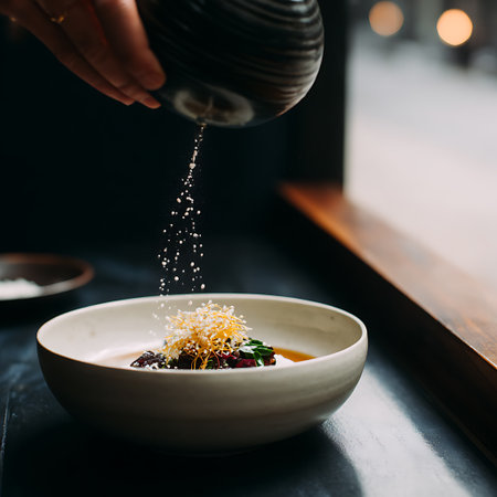 Pouring boiling water into a bowl of berry soup in a restaurantの素材