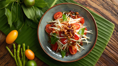 Thai spicy papaya salad with tomato and cucumber on wooden tableの素材