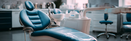 Interior of modern dental clinic with blue chair and equipment. Panoramic bannerの素材