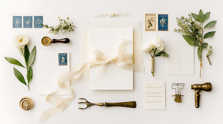Flat lay wedding stationery mockup. Greeting card, envelope, wax seal, flowers on white background.の素材