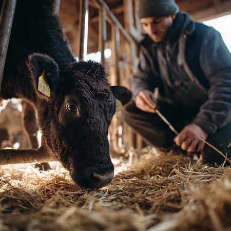 Farmer feeding black calf in the stable. Animal husbandry.の素材