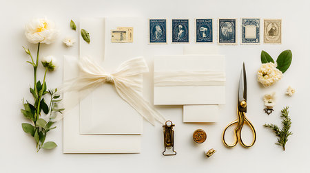 Flat lay of wedding stationery on white background top view.の素材