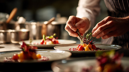 chef decorating dish with fruits at restaurant kitchen, closeupの素材
