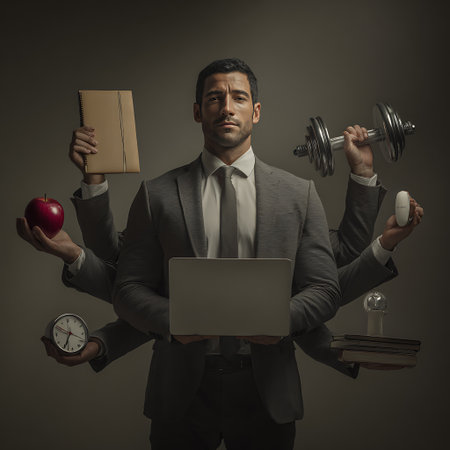 Businessman with laptop, books, dumbbells and apple on grey backgroundの素材