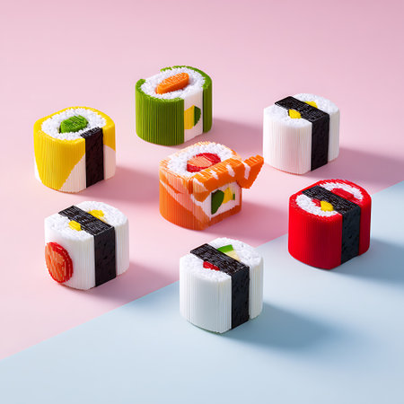 Sushi rolls on a blue and pink background. 3d illustrationの素材