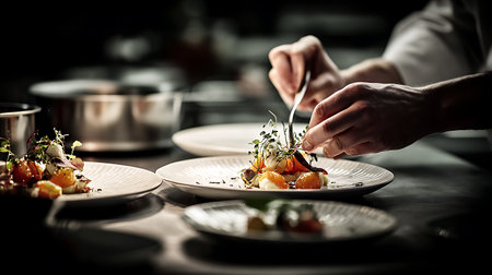 chef in restaurant kitchen preparing and decorating food, delicious dishの素材
