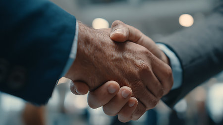 Close-up of senior businessman shaking hands with his partner in officeの素材