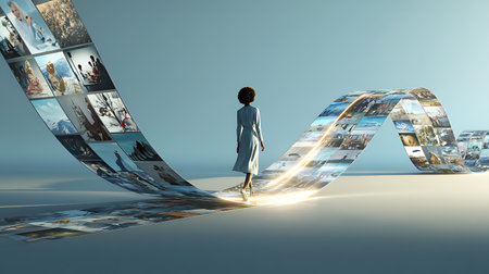 Woman walking in front of a film strip. 3D rendering.の素材