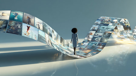 Conceptual image with businesswoman on abstract film strip. Mixed mediaの素材