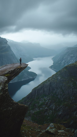 Man standing on top of mountain and looking at fjord in Norwayの素材