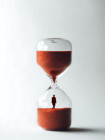 Businessman standing in the middle of an hourglass with red sandの素材