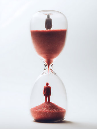 Man standing in hourglass with red sand inside, concept of time passing.の素材