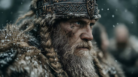 Member of history club Golden Capricorn wears historical costume as he participates in historical festival and camp in memory of King Vladimir in Kiev, Ukraine.の素材