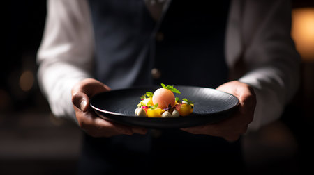 Close-up of a waiter holding a plate with fresh fruits and vegetablesの素材
