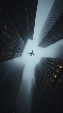 Man flying in the air over the skyscrapers of New Yorkの素材