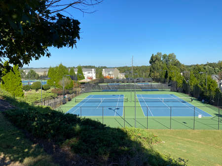 neat tennis courts and surrounding treesの写真素材