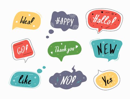 Set of color speech bubbles in drawn style.  Dialog windows with phrases: Idea, Happy, Hallo, Go, Thank you, New, Like, No, Yesのイラスト素材