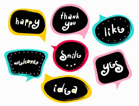 Funny modern speech-bubbles with words. Slogan stylized typography. Sketch quotes and phrases collection. Dialog windows with phrases: happy, thank you, like, welcome, smile, yes, ideaのイラスト素材