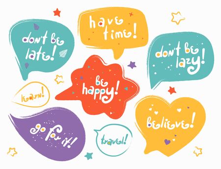 Funny modern speech-bubbles with lettering phrases. Stylized slogan. Motivation quotes and phrases collection. Perfect for the design of mugs, gifts, textiles, cards, banners, posters and moreのイラスト素材