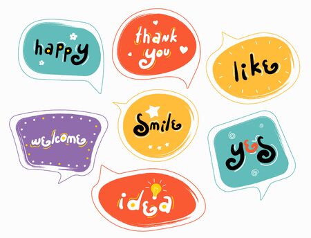 Funny modern speech-bubbles with words. Slogan stylized typography. Sketch quotes and phrases collection. Dialog windows with phrases: happy, thank you, like, welcome, smile, yes, ideaのイラスト素材