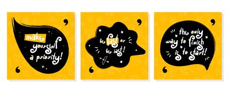 Set of motivation colorful speech bubbles. Doodle black speech bubbles on yellow background. Perfect for the design of mugs, gifts, textiles, cards, banners, posters, web and moreのイラスト素材