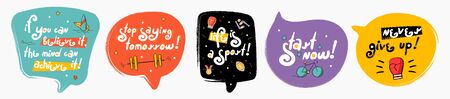 Motivation speech bubbles collection. Doodle speech bubbles with icon. Stylized slogan. Perfect for the design of mugs, gifts, textiles, cards, banners, posters, web and moreのイラスト素材