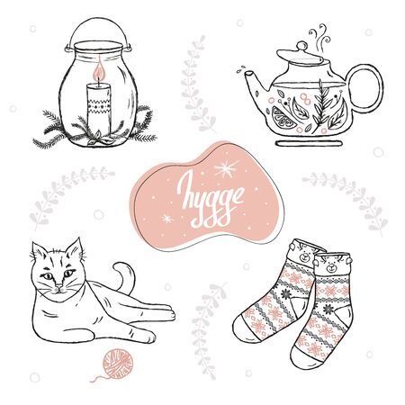 Hand drawn illustration. Hygge items collection. Scandinavian hygge conceptのイラスト素材