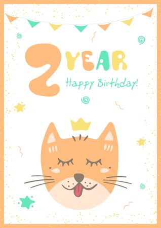 Kids doodles postcard with cat. Happy Birthday card. Ñongratulation on 2 yearのイラスト素材