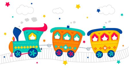 Fabulous kids train. Colorful cute toy train with two carriages. Cartoon children train conceptのイラスト素材