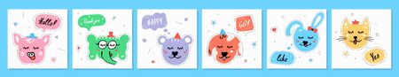 Set of cute animals with speech bubble. Colorful doodle stickers.のイラスト素材