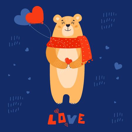 Satisfied little bear holds a heart ballons. Happy love. Valentine's day postcardのイラスト素材