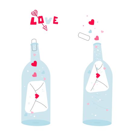 Closed and open bottle with a love letter.  Valentine's day postcardのイラスト素材