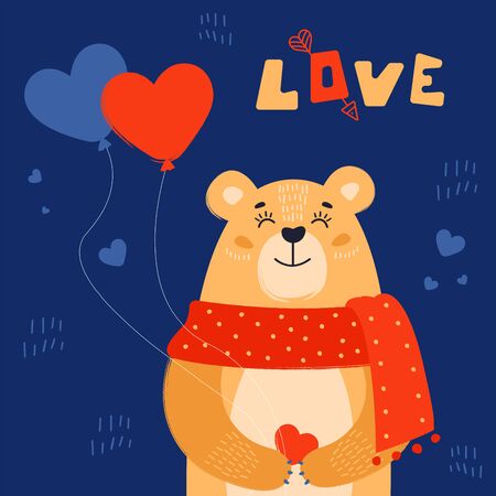 Satisfied little bear holds a heart ballons. Happy love. Valentine's day postcardのイラスト素材