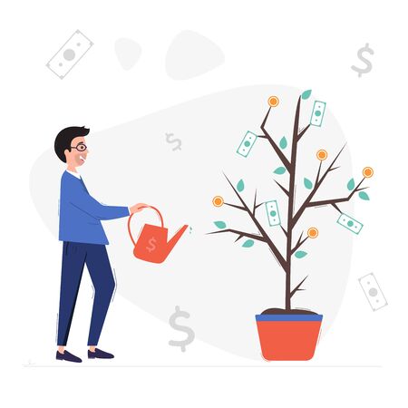 Businessman watering a money tree. Business concept. Successful future investments. Vector illustration on white backgroundのイラスト素材