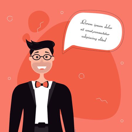 Man with speech bubble. Banner template. Vector illustration on red backgroundのイラスト素材