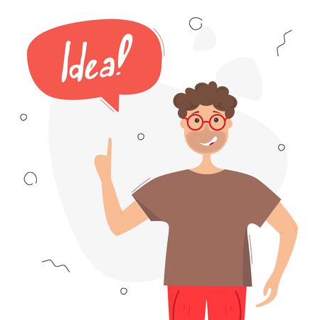 Man with speech bubble. Man has an idea. Banner template. Vector illustration on white backgroundのイラスト素材