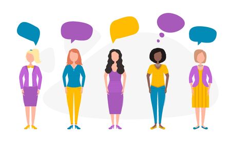 Color women with speech bubbles. Different faceless peopleのイラスト素材