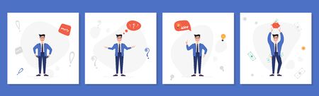 Set of illustrations of a businessman with an empty pocket, at a loss, with an idea, with money. Saving and investing money concept. Vector illustration on white backgroundのイラスト素材