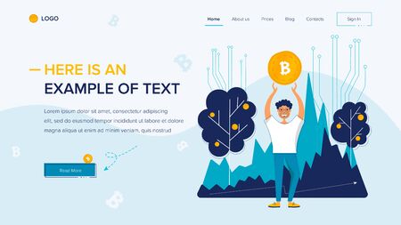 Man holds bitcoin. Website template on white background. Home page layout. Vector illustration concepts for web and app developmentのイラスト素材