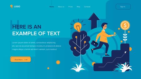 Businessman rises up the stairs. Website template on blue background. Home page layout. Vector illustration concepts for web and app developmentのイラスト素材