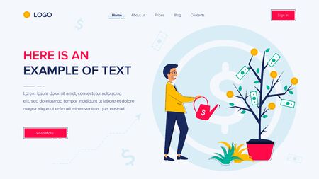 Businessman watering a money tree. Website template on white background. Home page layout. Vector illustration concepts for web and app developmentのイラスト素材