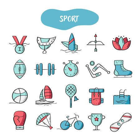 Hand drawn line style icons of Sport. Doodle color icons setのイラスト素材